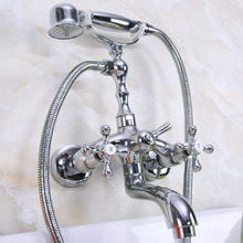Polished Chrome Brass Double Cross Handles Wall Mounted Bathroom Clawfoot Bathtub Tub Faucet Mixer Tap w/Hand Shower ana198 2024 - buy cheap