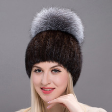 Chapéu de pele de vison verdadeiro feminino, chapéu de malha com pele de raposa prateada de marca poms grosso dhy 17-04 2024 - compre barato