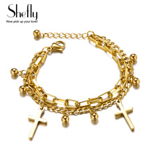 Luxury Gold Jewelry Bracelet Multilayer Chain Cross Beads Charm Stainless Steel Bracelets For Women pulseras 2019 2024 - buy cheap