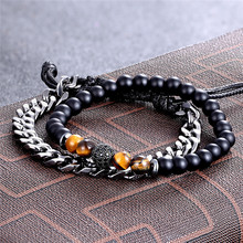 MKENDN-pulsera de eslabones cubanos de acero inoxidable para hombre y mujer, brazalete con cuentas de piedra, Ojo de Tigre Natural, Pave CZ, 2 unids/set por juego 2024 - compra barato