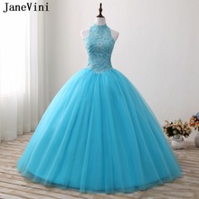 JaneVini-vestido de baile azul elegante, vestidos largos de quinceañera, apliques de cuello alto, tul con Espalda descubierta, vestidos hinchados, 16 vestidos dulces 2024 - compra barato