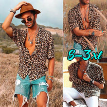 Camisa de manga corta con estampado de leopardo para hombre, ropa informal holgada con cuello en V, Tops, 2021 2024 - compra barato