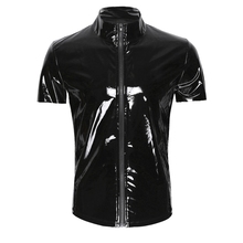 PVC leather Shiny Metallic Shirts Men Fashion Party Club Clothing Mens black Tees Tight Gay Sexy Corset Compression T-shirt 2024 - buy cheap