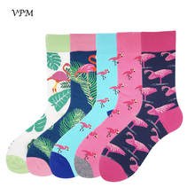 Vpm meias masculinas de algodão penteado, meias coloridas engraçadas flamingo harajuku para negócios natal casamento caixa de presente 5 cabeças 2024 - compre barato