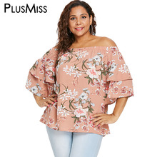 PlusMiss плюс размер 5XL сексуальный цветочный принт с рюшами колокол цветочный рукав топы женские большие размеры Boho пляжная Свободная блузка женская 2024 - купить недорого