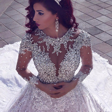 2018 Latest Luxury Beading Long Sleeve Muslim Wedding Gowns With Long Train Sequined Lace Bride Dress Vestido de noiva Custom 2024 - buy cheap