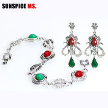 SUNSPICE MS New Bohemia Ethnic Natural Stone Bracelet Dangle Earrings Set antique Silver Color Eye Link Charm Vintage Jewelry 2024 - buy cheap