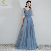 SSYFashion Special Occasion Dresses Banquet Elegant Grey Blue V-neck Lace Appliques Long Evening Formal Gowns Vestido De Noche 2024 - compre barato