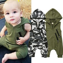 Macacão camuflado com capuz para meninos, 0-24m, sem mangas, verde militar, zíper, roupas de meninos, moletom para recém-nascidos 2024 - compre barato