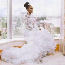 New African Organza Ruffles Mermaid Wedding Dress 2022 Long Sleeves Bridal Gowns 2024 - buy cheap