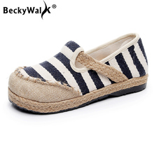 BeckyWalk-zapatos planos informales de punta redonda nacional para mujer, mocasines de tela sin cordones a rayas, WSH3010 2024 - compra barato