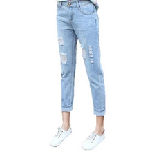 Nova moda feminina b2371, primavera verão, 2019, fina, baggy, tamanho grande, três pontos, buraco quebrado, jeans, barato, atacado 2024 - compre barato