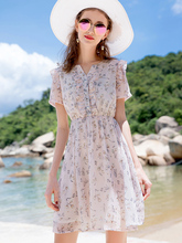 Floral Chiffon Dress Summer 2019 New Teens Girls Pink Short-sleeved Temperament Slim Fresh Party Beach Dresses 2024 - buy cheap