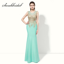 New Cheap Golden Appliques Long Mermaid Prom Dresses Sexy Illusion Bodice Evening Gown 2021 Mint Sleeveless Robe De Soiree LX412 2024 - buy cheap