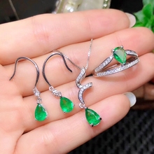 natual green emerald gemstone ring hook earrings and necklace jewelry set for women water drop style natural gem real 925 silver 2024 - buy cheap