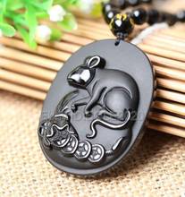 free shipping Natural Black Obsidian Handmad Carved Chinese Zodiac Rat Pendant +Beads Necklace 2024 - buy cheap