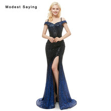 Sexy Split Blue and Black Mermaid Boat Neck Sequined Evening Dresses 2019 with Straps Backless Long Engagement Party Prom Gowns 2024 - buy cheap