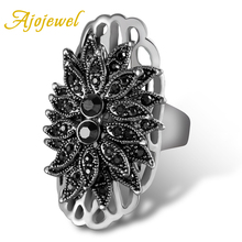 Ajojewel-anillo grande de Estilo Vintage para mujer, joyas de flores de diamantes de imitación de cristal negro único 2024 - compra barato