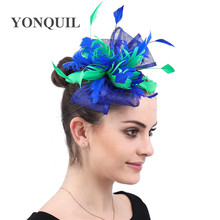 Faixas fascinator sinamay verde e azul real, faixas de cabelo charmosas para casamento, chapéu coquetel com pena e acessórios para cabelo 2024 - compre barato