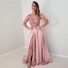 Sexy Pink Evening Dress V-neck Appliques Sleeveless A-line Front Split Long Formal Evening Party Dresses Backless Robe De Soiree 2024 - buy cheap