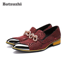 Batzuzhi sapatos masculinos de couro, sapatos estilo italiano da moda masculinos de ponta fina, sapatos de couro com ponta de metal, sapatos vermelhos para casamento, festa masculina 2024 - compre barato