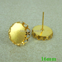 Blank Earrings Base 16mm Round Hollow Lace Bezel Tray Cabochon Brass Stud Earrings Post Settings Findings Golden tone Wholesale 2024 - buy cheap