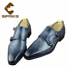 SIPRIKS Luxury Mens Goodyear Welted Dress Shoes Gray Double Monk Straps Square Formal Tuxedo Shoes Italian Suits Male Wedding 2024 - buy cheap