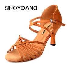 SHOYDANC Woman Bronze Satin Tan Dancing Ballroom Shoe Women Wide Width Custom Heels Salsa Latino Women's Latin Dance Shoes 2024 - buy cheap