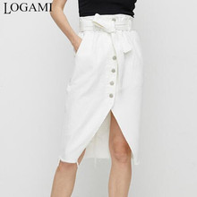 LOGAMI White High Waist Irregular Split Knee Length Denim Skirts Womens Summer Autumn Midi Pencil Skirt OL Skirt With Sashes 2024 - buy cheap