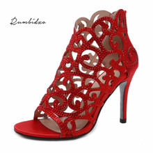 Rumbbidzo-zapatos de tacón alto con punta abierta para mujer, calzado de boda, con diamantes de imitación y cristales, para Otoño y Nuevo rojo, 2018 2024 - compra barato