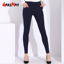 Pantalones ajustados de algodón para mujer, pantalón informal de talla grande, cintura alta, azul, 6XL 2024 - compra barato