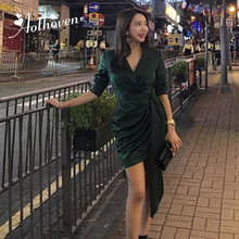 Solid 2019 Spring Asymmetrical Dress Women Blue Green Long Sleeve V-neck Party Club Dress Vintage Elegant Draped Dresses Vestido 2024 - buy cheap