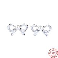 Fashion 100% 925 sterling silver bowknot earrings for women Silver 925 jewelry stud earrings Crystal earing for female girls 2024 - buy cheap