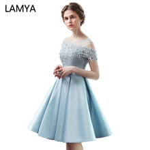 Lamya-vestido de baile de cetim 2021, curto, vestido de festa, estilo barco, simples, formal, tamanho de renda, festa 2024 - compre barato
