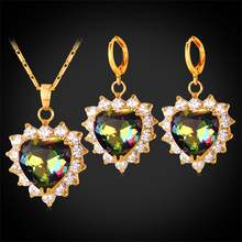 Conjunto de brincos e pingente de coração de cristal, zircônia cúbica, conjunto de joias, cor dourada amarela pe1184 2024 - compre barato