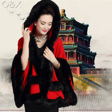 2018 Autumn Winter Women Black Faux Fox Fur Cashmere Poncho For Wedding Knitted Imitation Plus Size Bridal Shawl With Hat 2024 - buy cheap