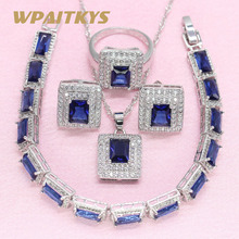 New Rectangle Royal Blue Stone Silver Color Jewelry Sets For Women Wedding Earrings Bracelet Pendant Necklace Ring Free Gift Box 2024 - buy cheap