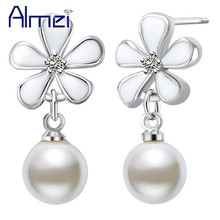 Almei 15%Off 2017 Cheap White Enamel Flowers Earrings For Women Girls Simulated Pearl Fashion Vintage Stud Earrings Jewelry R487 2024 - buy cheap