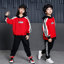 Conjunto de moletom hip hop para crianças, moletom vermelho com capuz e calças pretas para meninos grandes, roupas de outono e inverno 2024 - compre barato