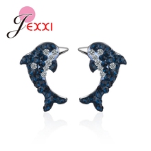 New Fashion Cute Crystal Blue Dolphin Stud Earrings For Women Vintage Silver Animal Statement Earrings Fast Shipping 2024 - buy cheap