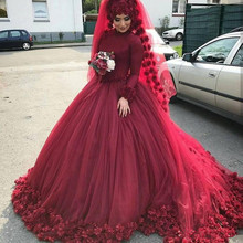 Vestidos de novia musulmanes con flores 3D, Hijab islámico de talla grande árabe, mangas largas, de tul, caftán de Turquía, 2020 2024 - compra barato