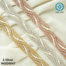 (1 YARD) Bridal hand beaded pearl rhinestone applique trim iron on for wedding dress sash WDD0047 2024 - buy cheap