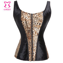 Burlesque Corpete de Cetim Tecido Com Zíper Frontal Sexy Leopard Corset Top Steampunk Bustier Espartilhos Das Mulheres Lingerie Para Trainer Cintura 2024 - compre barato