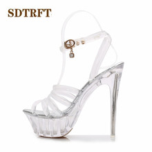 SDTRFT Summer Transparent crystal shoes woman 14cm Ultra High-Heeled Open Toe sexy platforms sandals Buckle Narrow Band pumps 2024 - buy cheap