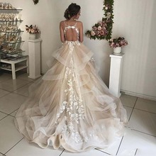 Champagne Floral Lace Wedding Dresses Sexy Backless Ruffles Puffy Bridal Gowns Beach Wedding Gowns Vestido De Noiva 2024 - buy cheap