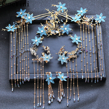 JaneVini Luxury Chinese Bridal Headdress Blue Flower Long Tassel Ancient Hairpin Earrings Women Wedding Jewelry Hair Accessories 2024 - buy cheap
