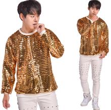Camiseta masculina de manga longa com lantejoulas e douradas, gola redonda, hip hop, streetwear de personalidade, palco, rock 2024 - compre barato