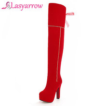 Женские сапоги Lasyarrow размера плюс 48, Сапоги выше колена для женщин, черные, красные, сексуальные, на высоком каблуке, длинные, женская свадебная обувь на молнии F551 2024 - купить недорого