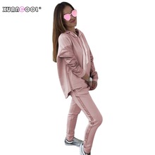 XUANCOOL 2021 Suit Set Women Knitted  Cotton Tracksuit Long Sleeve Zipper PU leather Splicing Hoodies Long Pant Two Piece Set 2024 - buy cheap