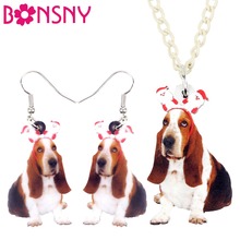 Bonsny Statement Acrylic Sweet Christmas Santa Basset Hound Dog Earrings Necklace Collar Animal Jewelry Sets For Women Girls Pet 2024 - buy cheap